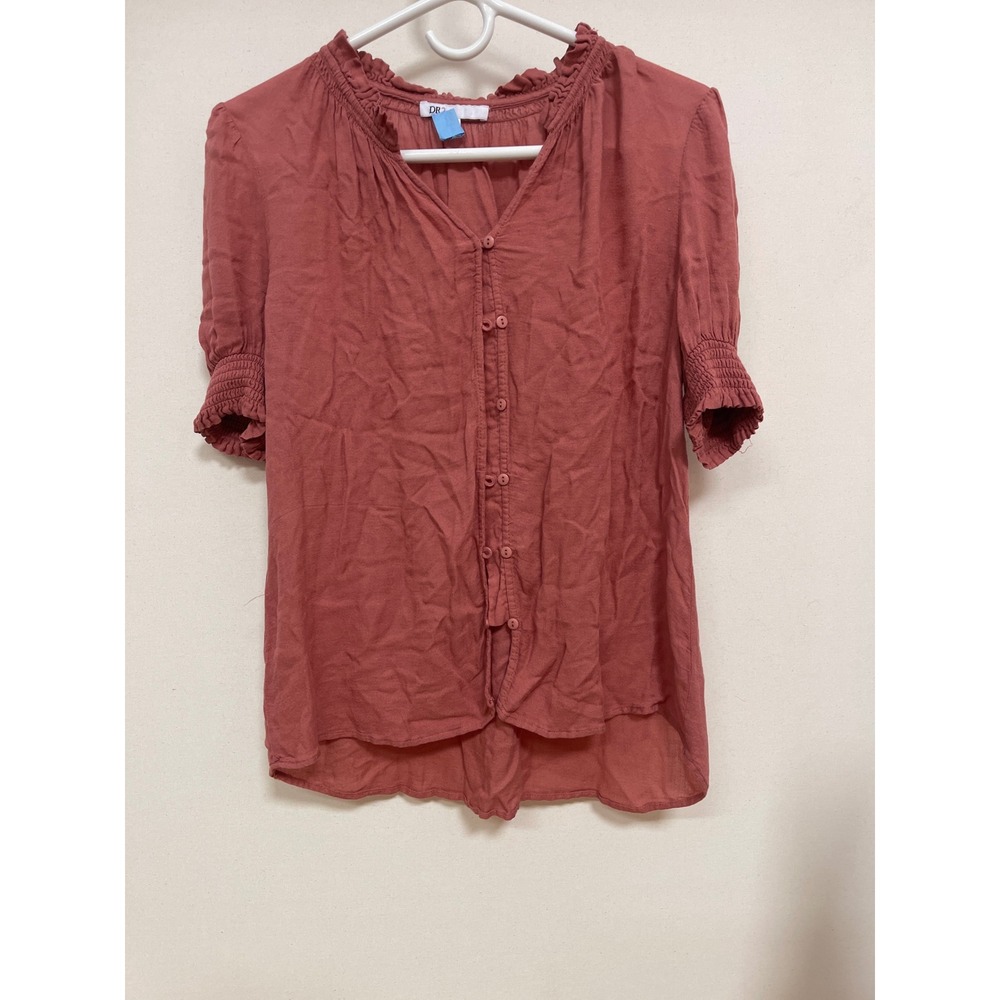 DR2 by Daniel Rainn Terracotta Ruffle Neck Smocked Cuff Button Down Blouse